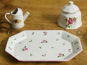 lot 261 image: Vintage Miniature Ceramic Watering Can &nbsp3 Figurine in Rose China Pattern with Gold Trim, Crown Bone China Lidded Pot from Staffirdshire England, &amp Rose Pattered Ceramic Tray
