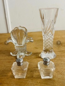 lot 262 image: Irving Rice Crystal Salt And Pepper Shakers, Antique Circa 1900 US Glass Co. Fleur de Lis Pattern EAPG Glass Toothpick Holder, &amp Cristal DArques 24% Lead Crystal Vase Made in France