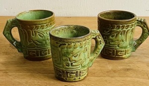 lot 260 image: Lot of Three (3) Green &amp Grey&nbspFrankoma Pottery Desert Gold Coffee Mugs