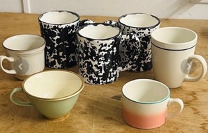 lot 273 image: Three (3) Black&nbspand White Splatterware Mugs, Gibson House Blue Stripe Coffee Mug, Vintage Baroque Hearthside Stoneware Cup, Vintage Lennox Coffee Cup WGold Rim, &amp Vintage Homer Laughlin Red, White, &amp Blue Striped Coffee Cups