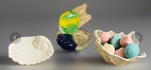 lot 315 image: Vintage Hand-Blown Partylite Fish Votive Candle Holder, Ceramic Conch Sea Shell Bowl, & Ceramic Clam Shell TrinketSoap Dish