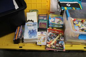 lot 80 image: Classroom supplies, gamesbooks, binders and small storage bins