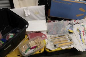 lot 88 image: Painting brushes, clothes pins, and craft supplies
