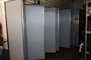 lot 9 image: Screenflex portable wall on wheels - Two end panels are 23.5 wide, Nine inner panels are 22 wide each
