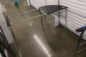 lot 43 image: L-shape black glass top desk - 61x61x29.5h