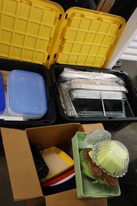 lot 45 image: Kitchen aluminum trays, food warming stands, can opener, Misc. items