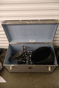 lot 62 image: Drummer seat, kick pedal and stands with rolling trunk