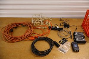 lot 93 image: Seismic audio SA-Di1 direct boxes, Whirlwind IMP2 direct box, 2.25 tension rods, cable and extension cords