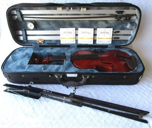 lot 509 image: Violin with extra strings, carry case and Axman music stand