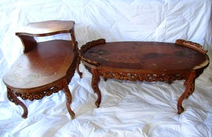 lot 522 image: Ribbon mahogany veneer end table and coffee table (Needs some repair work)