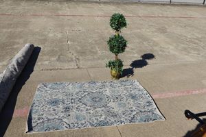 lot 122 image: Madison area rug - 4 x 6 white and marine colors. Plus artificial topiary plant