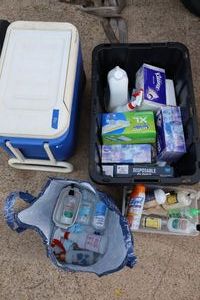 lot 148 image: Cleaning supplies, lotions, and rolling cooler