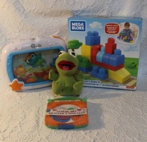 lot 8 image: Mega Bloks First Builders 40-Piece Building Blocks set. Unopened and spiral art set unopened and  previously loved Baby Einstein Sea Dreams Soother. And more see pictures