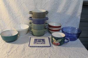 lot 63 image: 4-Double Handle Stackable Soup Bowls.and much more