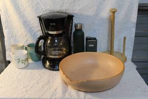 lot 72 image: vintage Treasure Craft Adobe Southwest Chip and Dip Bowl. Mr. Coffee maker  flaskpaper towel holderand much more see pictures