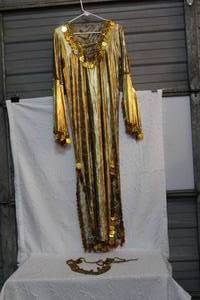 lot 83 image: a long, crushed velvet dress with a pleated or draped bodice and belt has a few stains see pictures