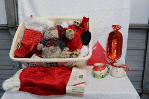 lot 100 image: Basket full of Christmas items like stockings and hats and so much more