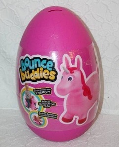 lot 113 image: Bounce Buddies  Ride-on Inflatable Bouncer. It comes in an egg-shaped package and features a ride-on and the egg can be used as a bank
