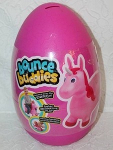lot 114 image: Bounce Buddies  Ride-on Inflatable Bouncer. It comes in an egg-shaped package and features a ride-on and the egg can be used as a bank