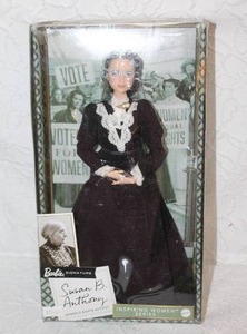 lot 129 image: Barbie Inspiring Women Series Susan B. Anthony doll. The doll was released in 2020 to commemorate the 100th anniversary of the 19th Amendment, which granted women the right to vote in the United States.  Has small damage to the box as seen in pictures