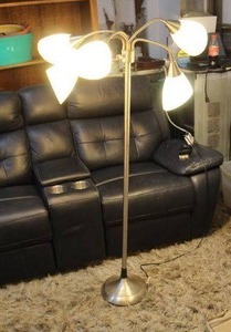 lot 155 image: Brightech Sky Dome Double LED floor lamp with adjustable arms.  Light bulbs not included just put them in to show it works