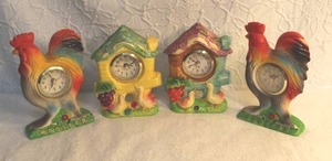 lot 174 image: 2-Fitz & Floyd Ricamo Accessories figural rooster clock. And  2-vintage ceramic cuckoo clock wall pocket.