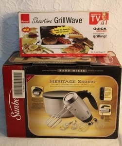 lot 188 image: Sunbeam Heritage Series Hand Mixer. Looks to be unused and  Ronco Showtime GrillWave Microwave Griller.