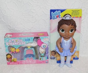 lot 267 image: Gabbys Dollhouse Paw-tastic Pajama Party Figures and Playset.  And a Baby alive doll unopened