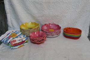lot 309 image: Flower Desert Rose ceramic salad plates,  and set of multicolored melamine oval snack and dip dishes. And hand towels