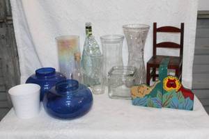 lot 338 image: Vases and small wood chair book ends and fish decanter