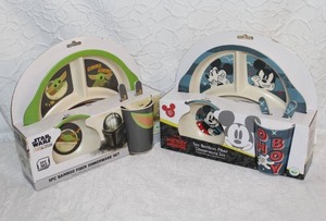 lot 345 image: Disney Star Wars Mandalorian Grogu 5-piece bamboo fiber dinnerware set and Disney Mickey Mouse 5 piece bamboo fiber dinnerware set.  Unopened