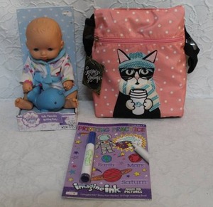 lot 347 image: Fantasy Fully Poseable Bathing Baby doll.  Lunch bag and magic ink coloring book all unopened