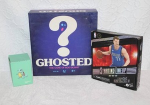 lot 350 image: Pokemon night light  Ghosted game and Hasbro Starting Lineup NBA Series 1 Luka Doni action figure.  All unopened