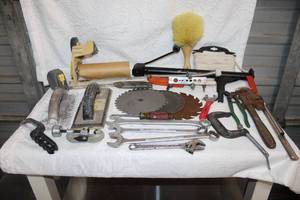 lot 367 image: Lot of Mixed tools like saw blades C clamp wrenches and much more see pictures