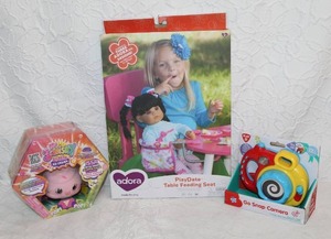 lot 370 image: Adora PlayDate Table Feeding Seat for dolls. And My Squishy Little Ice Cream and PlayGo Go Snap Camera toy for toddlers.all unopened