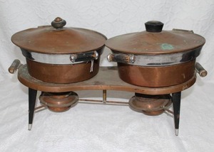 lot 423 image: vintage copper and brass double chafing dish set.