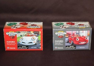 lot 471 image: 1996 Chevron Cars Sam Sedan toy car in its original box. And Tony Turbo collectible toy car from the Chevron Cars series. This specific model is a red sports car, unopened