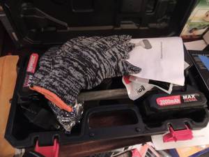 lot 70 image: RECHARGABLE  MINI CHAINSAW , 2 BATTERIES, GLOVES  IN CASE  NEW