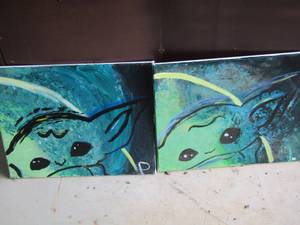 lot 36 image: qty 2 paintings of baby yoda