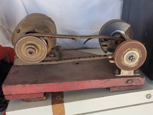 lot 24 image: SEARS AND ROEBUCK GRINDING WHEEL AND WIRE WHEERL WITH GENERATOR MOUNTED ON A HOMEMADE STAND