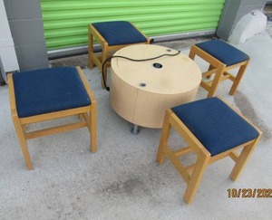 lot 99 image: KIDS ROUND GAMES TABLE WITH FOUR BACKLESS WOOD STOOL