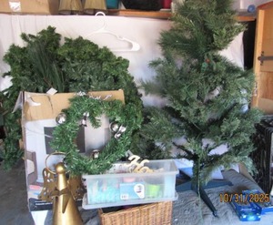 lot 151 image: CHRISTMAS TREE 4.5 WITH BRASS ANGEL, RIBBON LIGHTS, WREATH AND GIFT BOXES