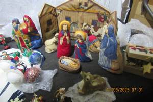 lot 154 image: CHRISTMAS TREE ORNAMENTS WITH TREE SKIRT AND CLOTH MANGER