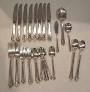 lot 2 image: Damask Rose Sterling Silver flatware set. 8 piece set with serving pieces. 45 total pieces.