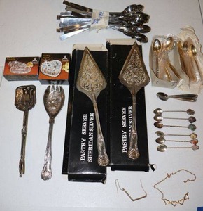 lot 9 image: Silver plated serving pieces, souvenir or cocktail spoons with tumbled stones, lead crystal trinket boxes and more