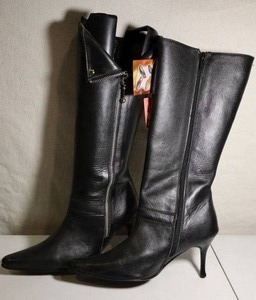 lot 18 image: NEW never worn Womens Black Leather Boots. zipper boots, 3 heel, size 6.5.
