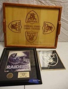 lot 123 image: Chris Thomas serving tray, Oakland Raiders Team Pride Photomint, and poster