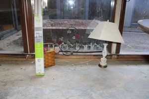 lot 230 image: Misc. household items LED 4 lights, vintage desk lamp, metal tray holder, slat light and more