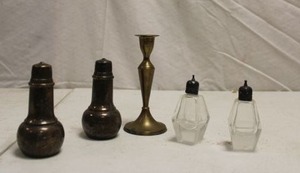 lot 227 image: S&P shakers, brass taper candle holder