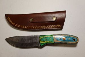 lot 243 image: 3.75 blade hunting knife with leather sheath.  Blue and green wood grain handle.